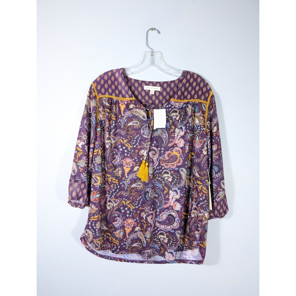 NWT FARMERS MARKET Womens Blouse‎ Top L 3/4 Sleeve Boho Paisley
